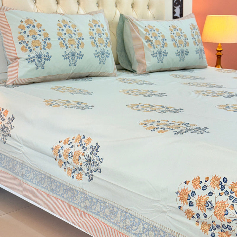 Mint Base Floral Motif Hand Blocked Sheet