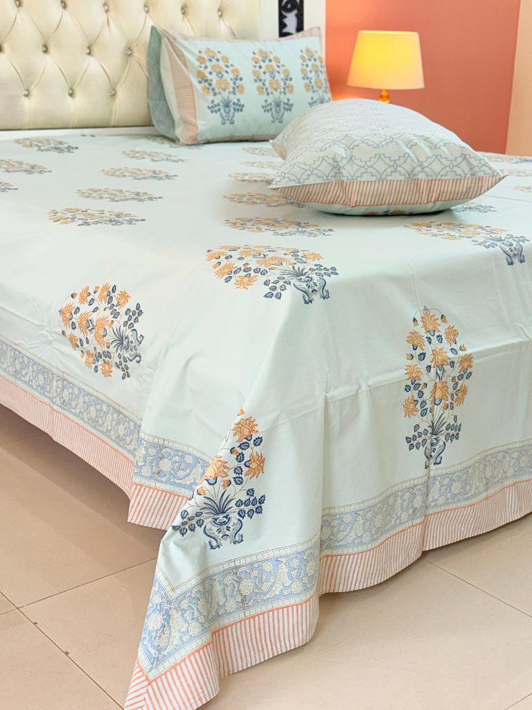 Mint Base Floral Motif Hand Blocked Sheet