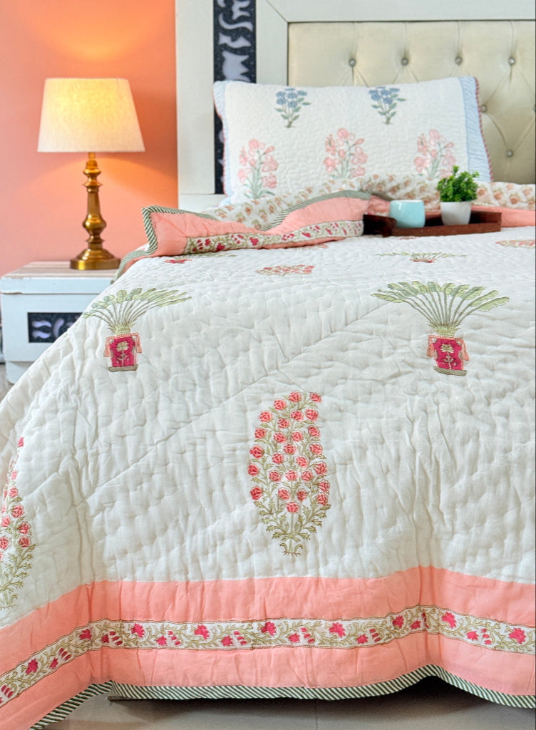 Peach Paisley Double Hand-blocked Quilt