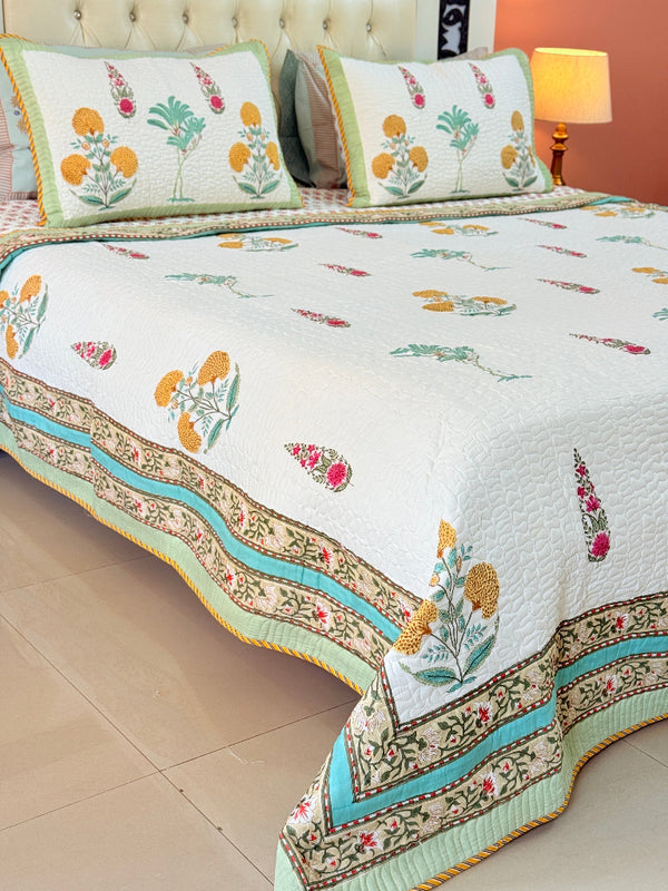 Eternal Bloom Hand Blocked Quilted Bedcover