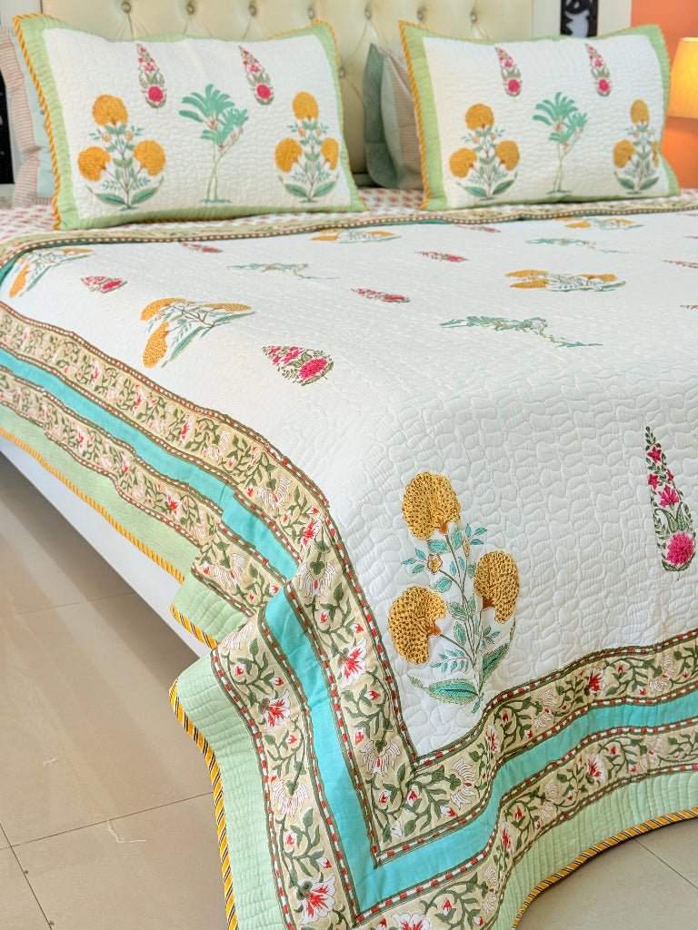 Eternal Bloom Hand Blocked Quilted Bedcover