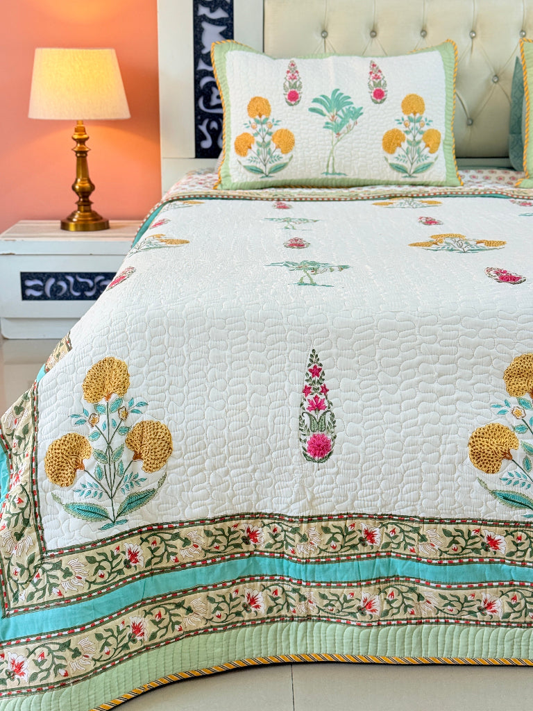 Eternal Bloom Hand Blocked Quilted Bedcover