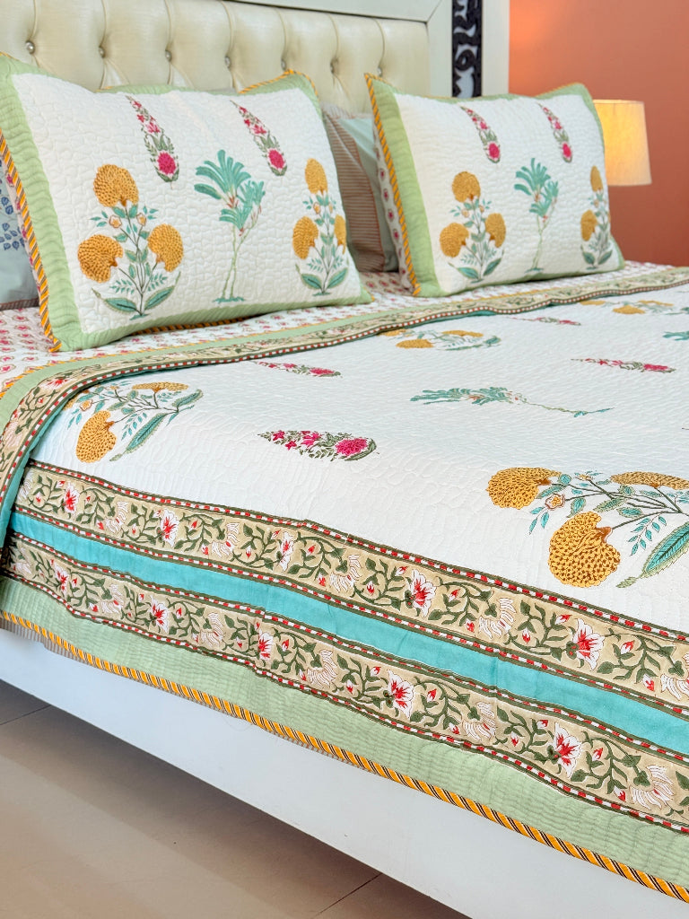 Eternal Bloom Hand Blocked Quilted Bedcover