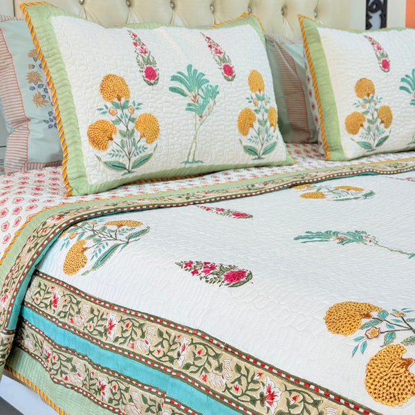 Eternal Bloom Hand Blocked Quilted Bedcover