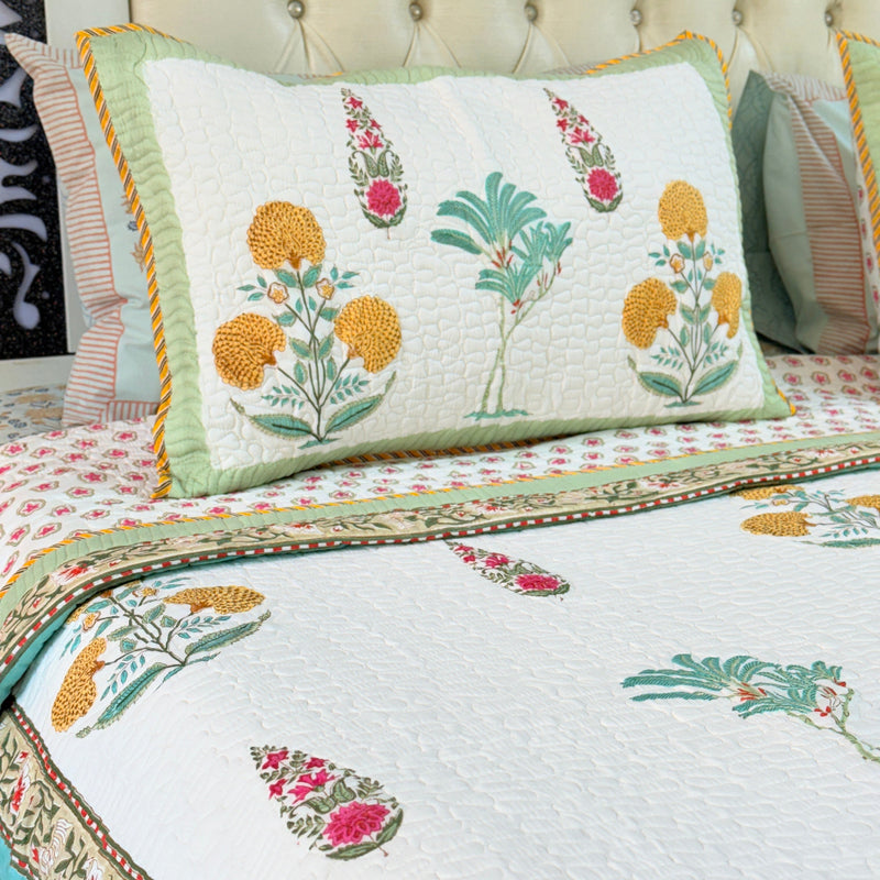 Eternal Bloom Hand Blocked Quilted Bedcover