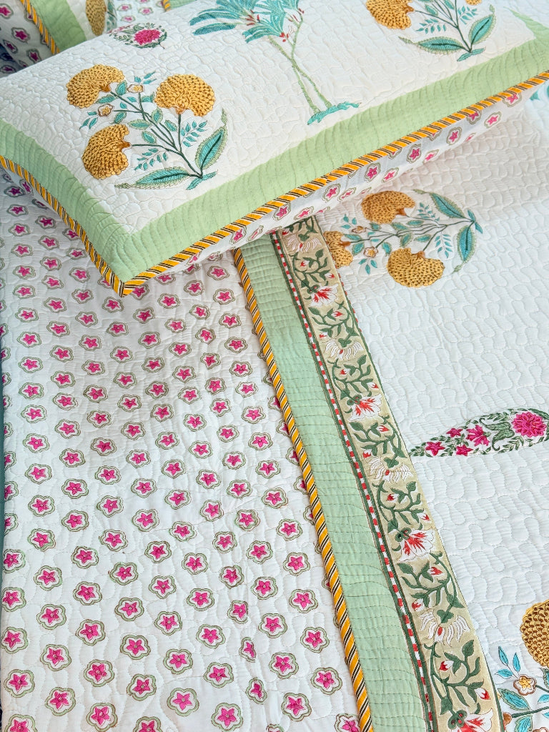 Eternal Bloom Hand Blocked Quilted Bedcover