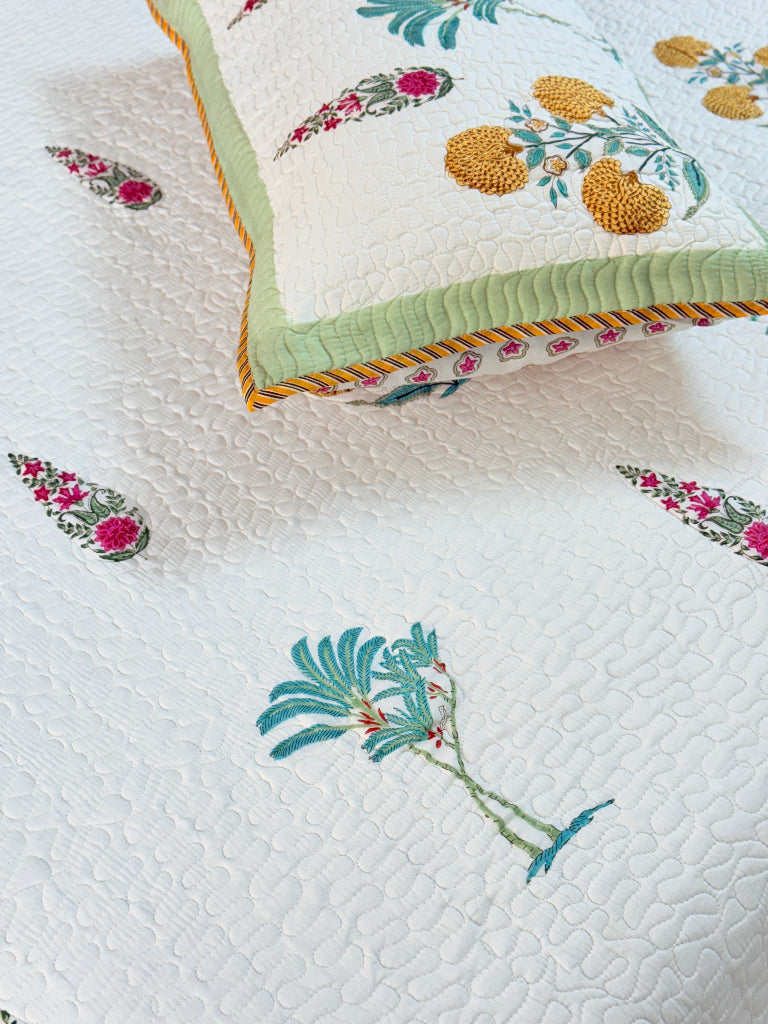 Eternal Bloom Hand Blocked Quilted Bedcover