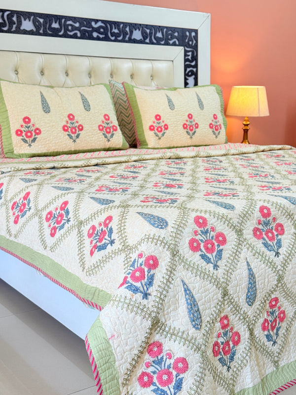Beige Base Floral Grid Hand Blocked Quilted Bedcover