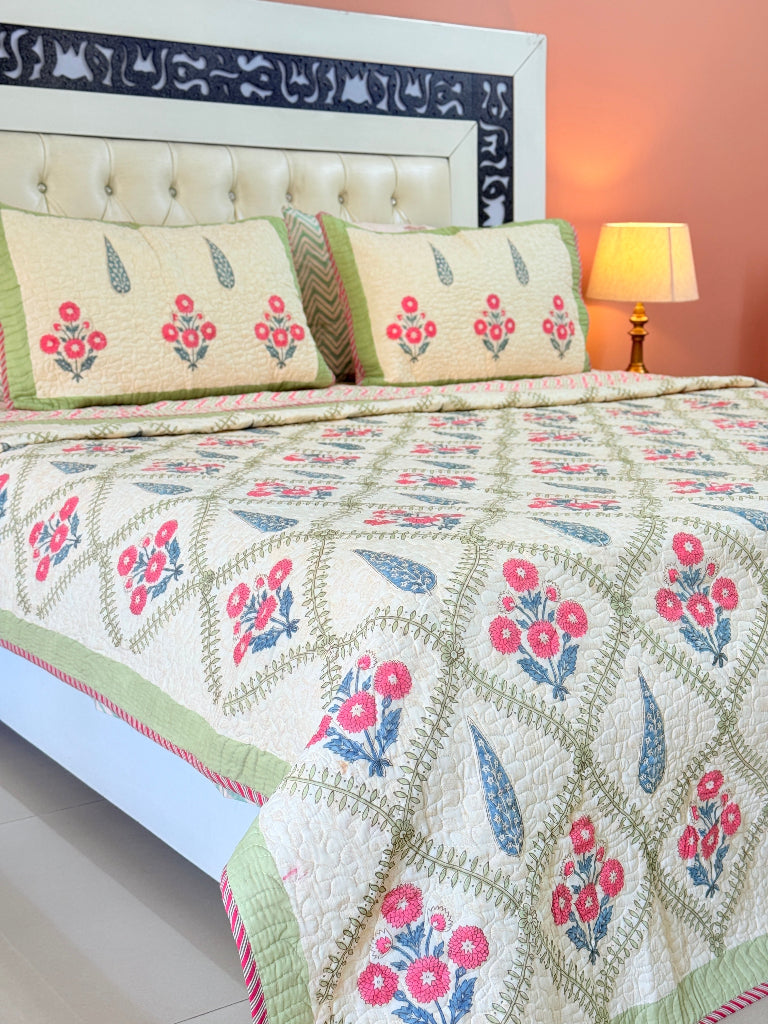 Beige Base Floral Grid Hand Blocked Quilted Bedcover