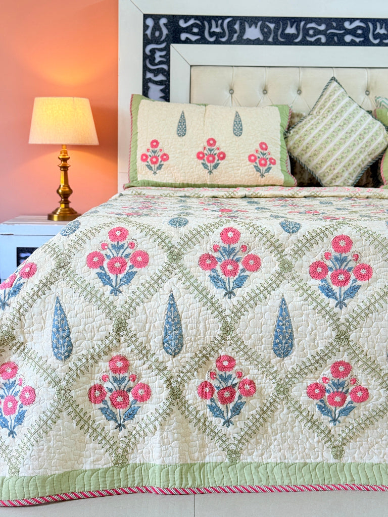 Beige Base Floral Grid Hand Blocked Quilted Bedcover