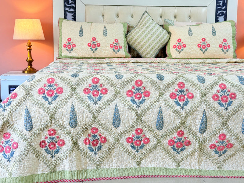 Beige Base Floral Grid Hand Blocked Quilted Bedcover