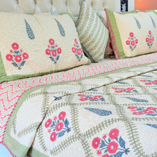 Beige Base Floral Grid Hand Blocked Quilted Bedcover