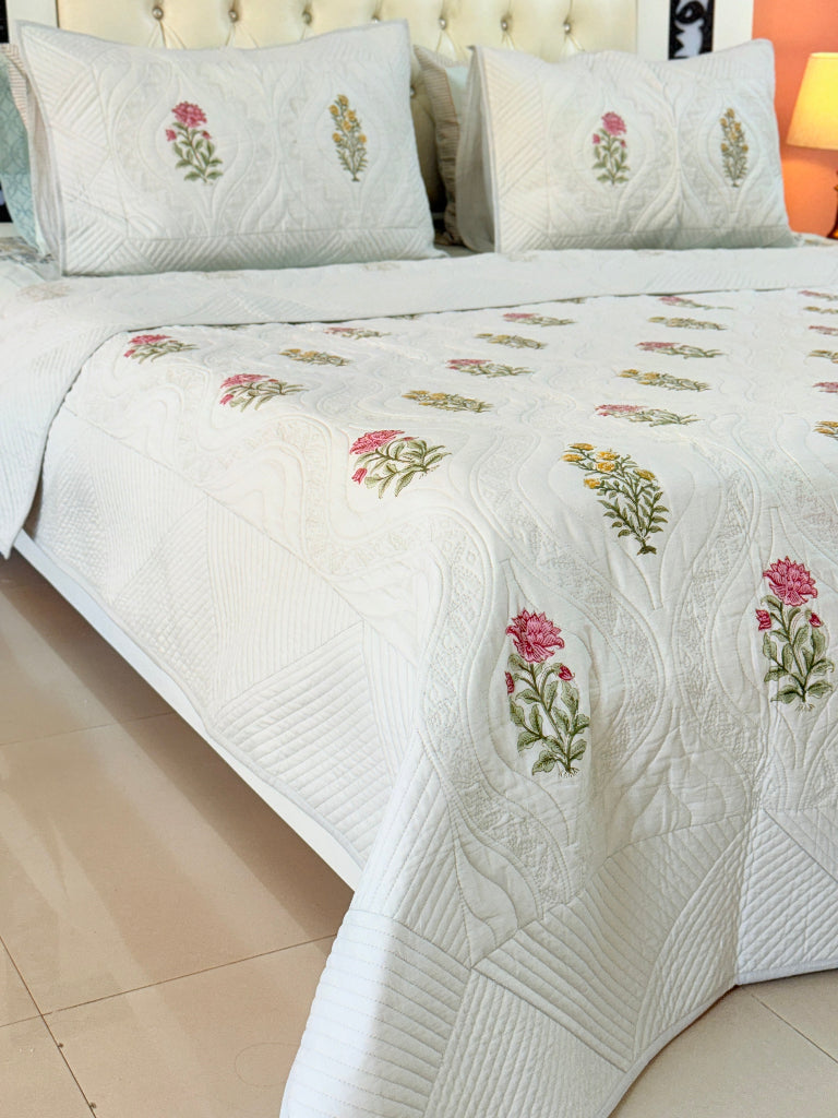 Grey Base Floral Motifs Hand Blocked Quilted Bedcover