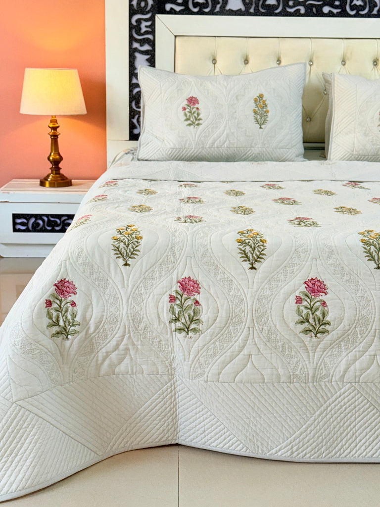 Grey Base Floral Motifs Hand Blocked Quilted Bedcover