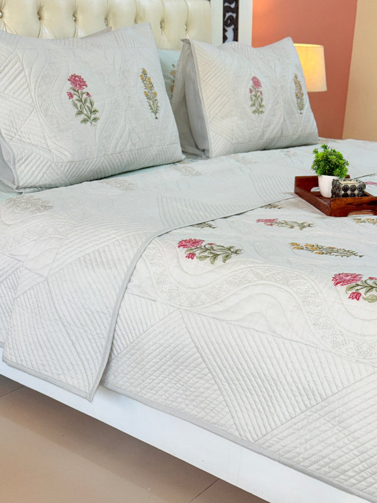 Grey Base Floral Motifs Hand Blocked Quilted Bedcover