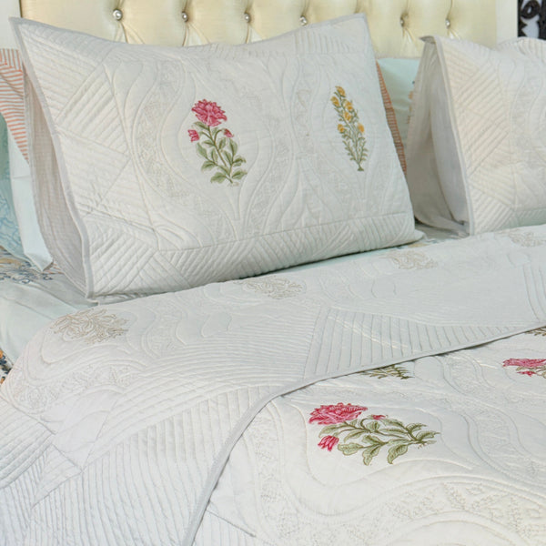 Grey Base Floral Motifs Hand Blocked Quilted Bedcover
