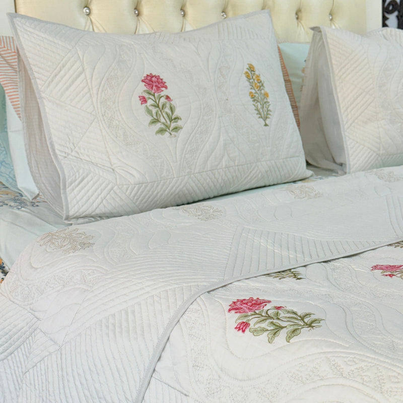 Grey Base Floral Motifs Hand Blocked Quilted Bedcover