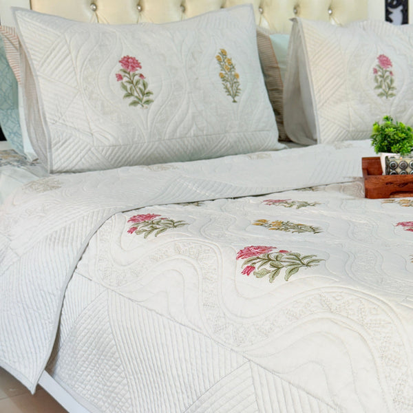 Grey Base Floral Motifs Hand Blocked Quilted Bedcover