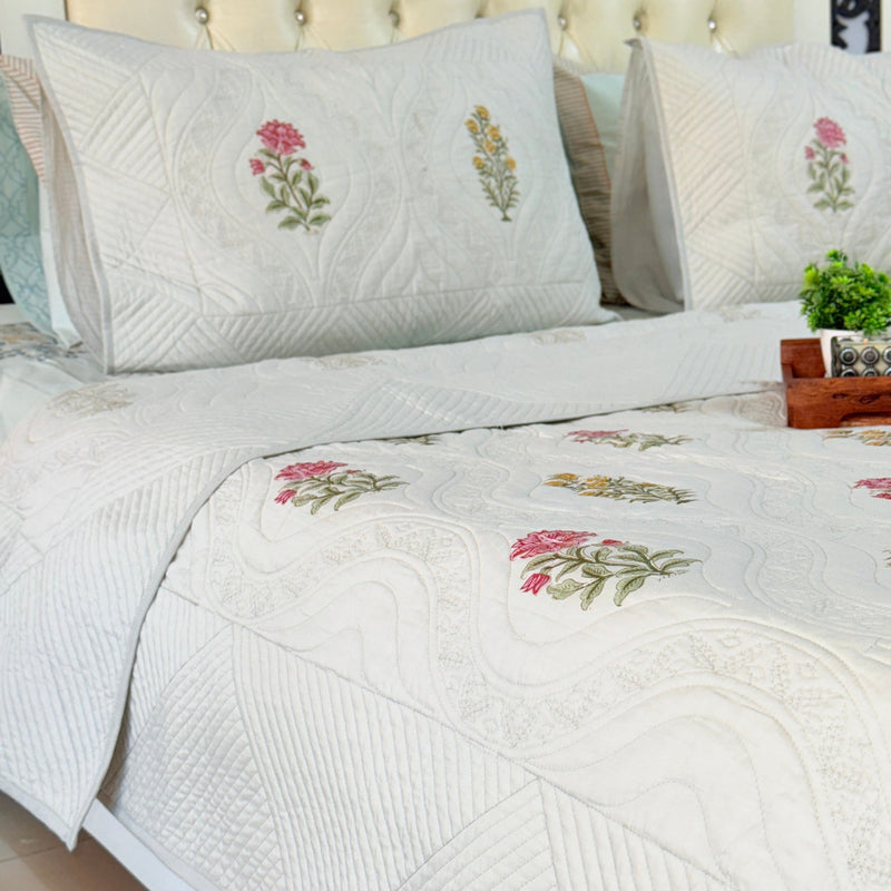 Grey Base Floral Motifs Hand Blocked Quilted Bedcover