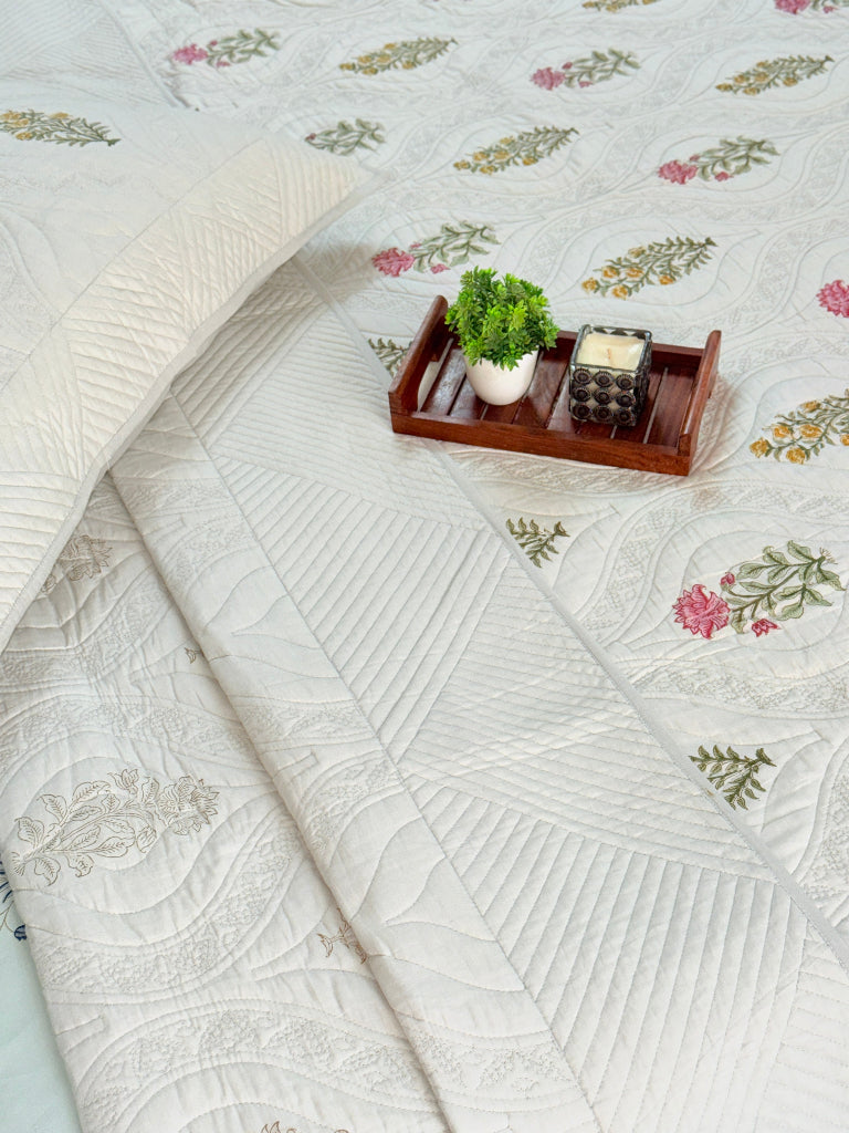 Grey Base Floral Motifs Hand Blocked Quilted Bedcover