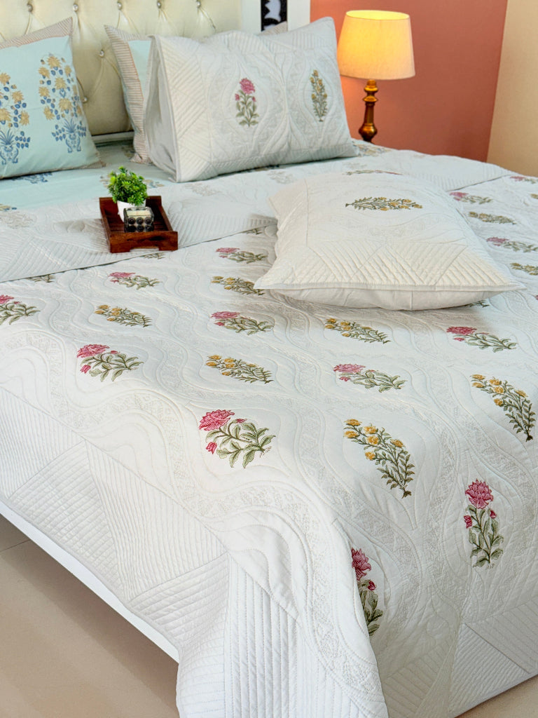 Grey Base Floral Motifs Hand Blocked Quilted Bedcover