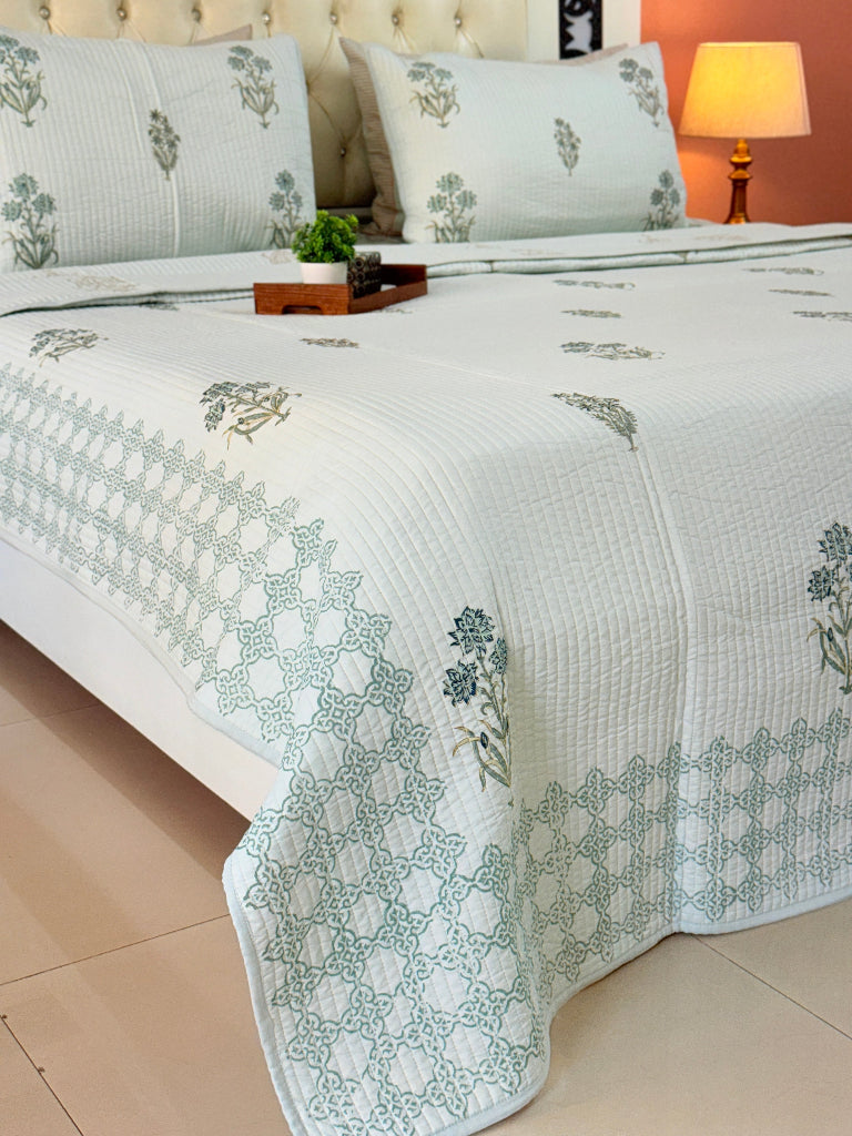 Green Base Floral Print Hand Blocked Quilted Bedcover