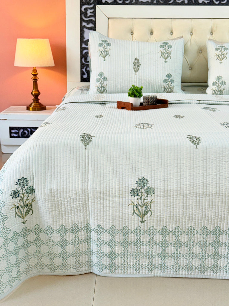 Green Base Floral Print Hand Blocked Quilted Bedcover