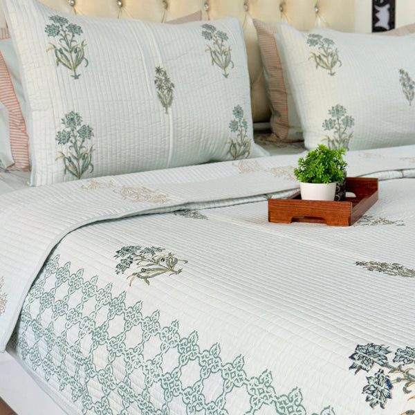 Green Base Floral Print Hand Blocked Quilted Bedcover