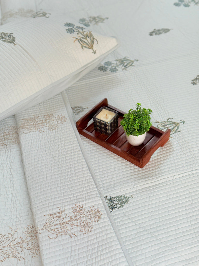 Green Base Floral Print Hand Blocked Quilted Bedcover