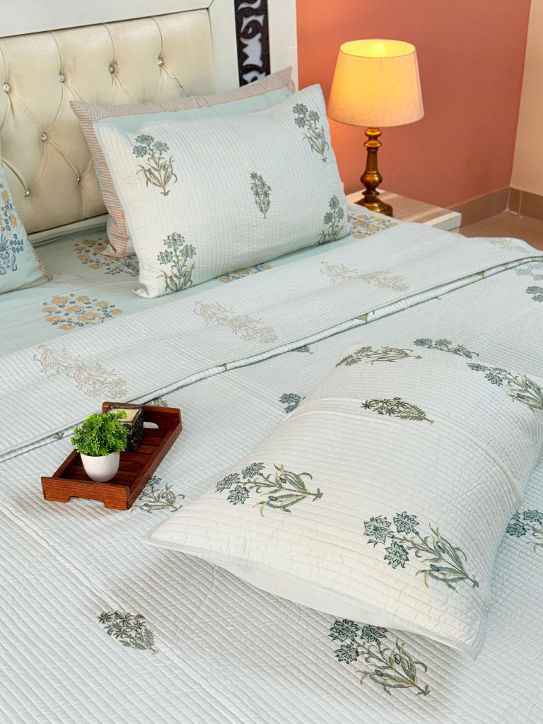 Green Base Floral Print Hand Blocked Quilted Bedcover