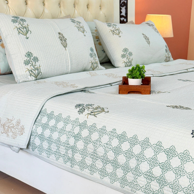 Green Base Floral Print Hand Blocked Quilted Bedcover
