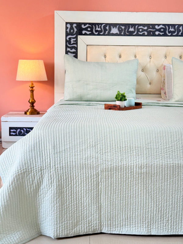 Pastel Green Solid Hand Blocked Quilted Bedcover