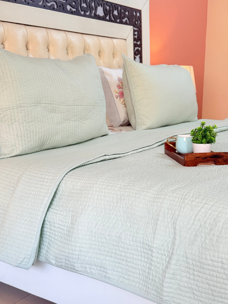 Pastel Green Solid Hand Blocked Quilted Bedcover