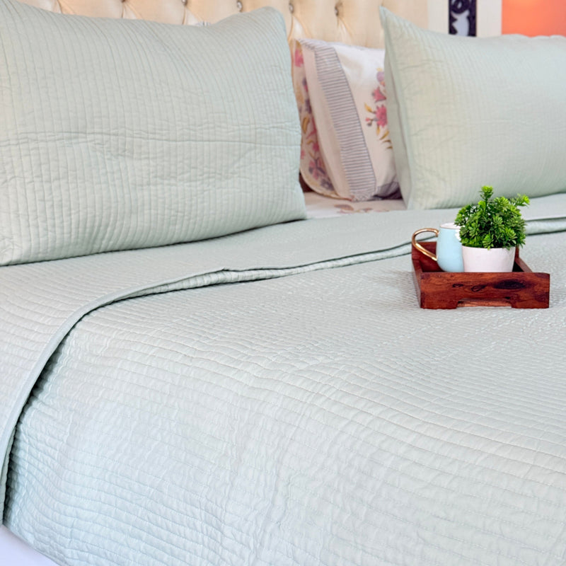 Pastel Green Solid Hand Blocked Quilted Bedcover