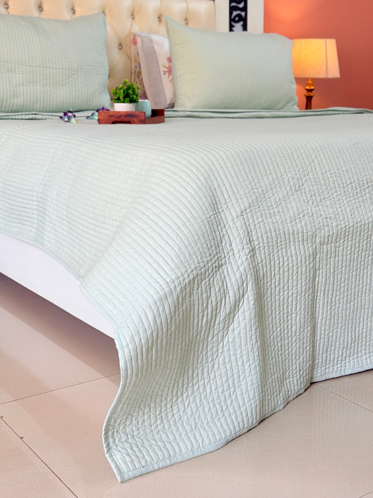 Pastel Green Solid Hand Blocked Quilted Bedcover