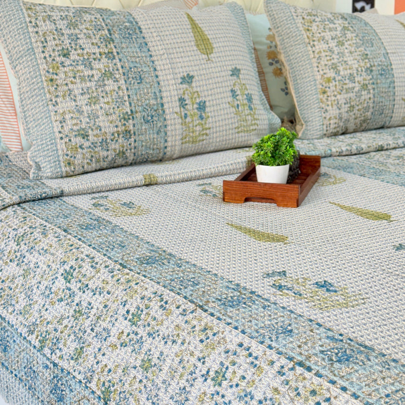 Blue Floral Art Hand Blocked South Cotton Weave Bedcover