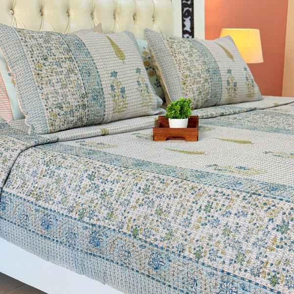 Blue Floral Art Hand Blocked South Cotton Weave Bedcover
