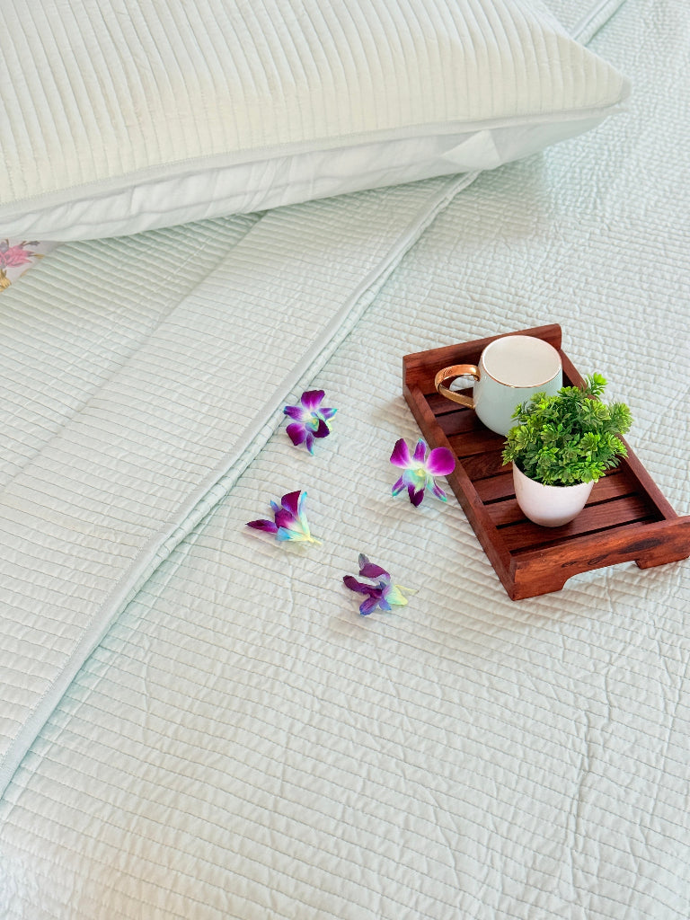Pastel Green Solid Hand Blocked Quilted Bedcover