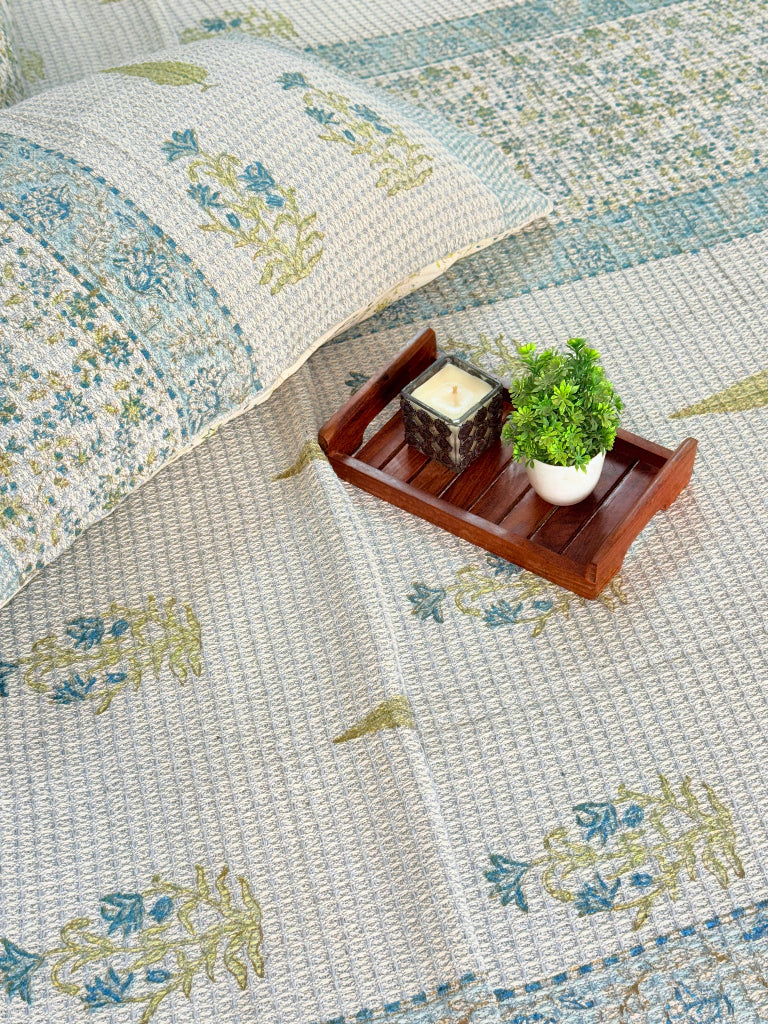 Blue Floral Art Hand Blocked South Cotton Weave Bedcover
