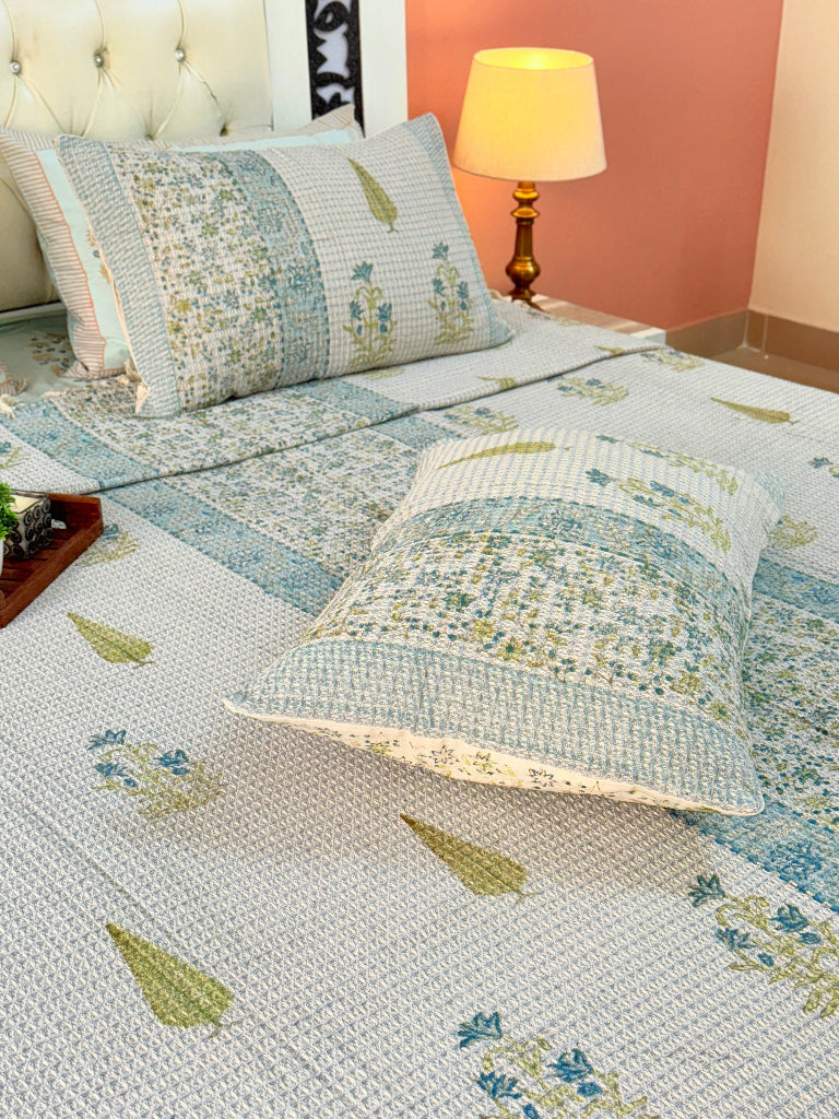 Blue Floral Art Hand Blocked South Cotton Weave Bedcover