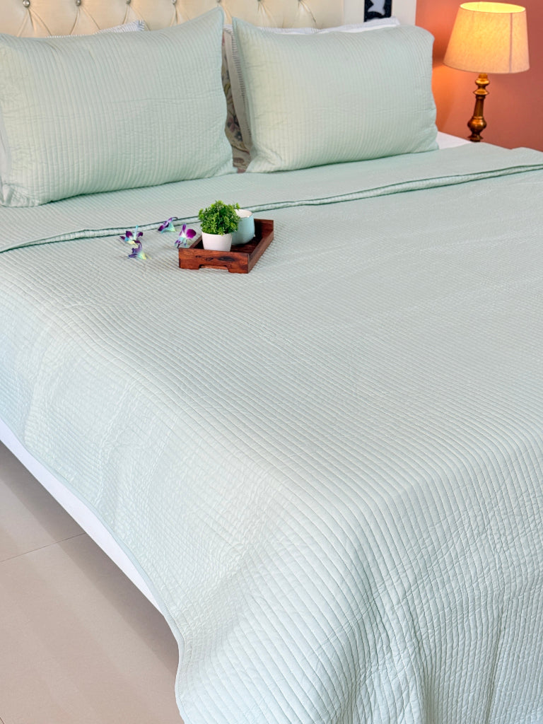 Pastel Green Solid Hand Blocked Quilted Bedcover