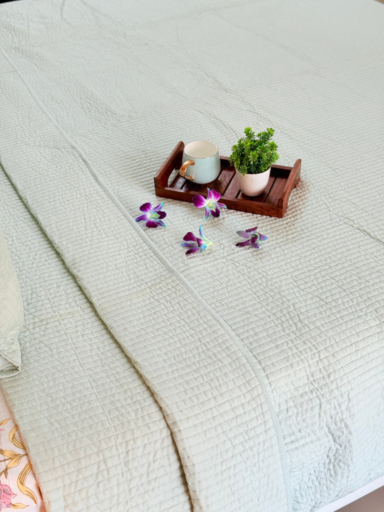Pastel Green Solid Hand Blocked Quilted Bedcover