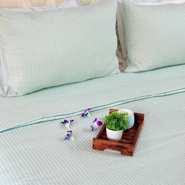 Pastel Green Solid Hand Blocked Quilted Bedcover