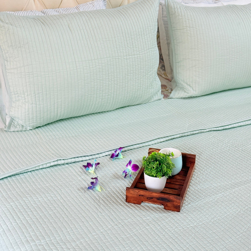 Pastel Green Solid Hand Blocked Quilted Bedcover