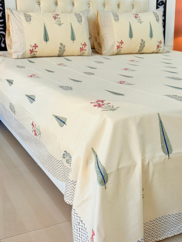 Beige Base Artistic Floral Print Hand Blocked Sheet