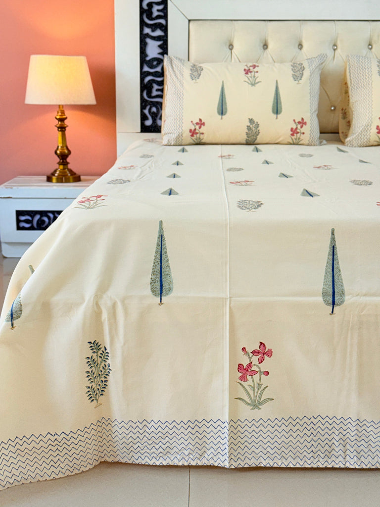 Beige Base Artistic Floral Print Hand Blocked Sheet