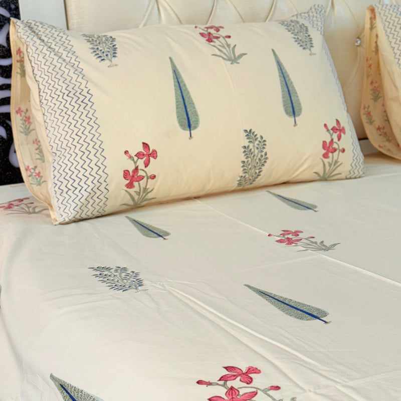 Beige Base Artistic Floral Print Hand Blocked Sheet