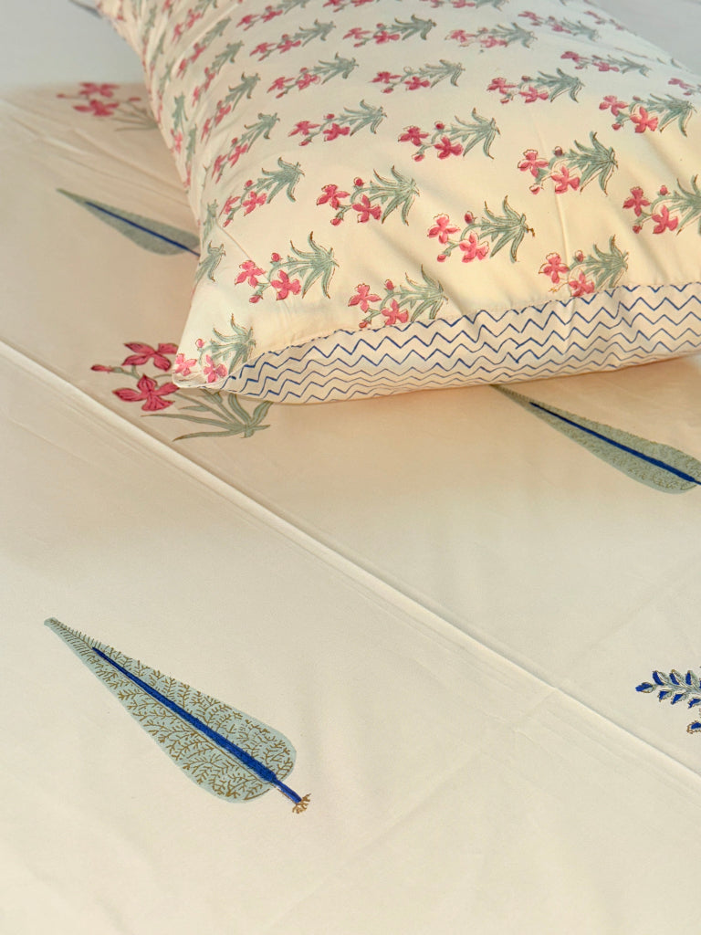 Beige Base Artistic Floral Print Hand Blocked Sheet