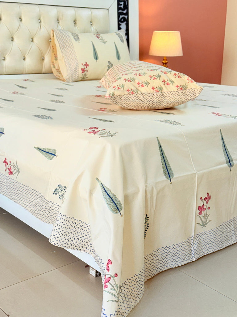 Beige Base Artistic Floral Print Hand Blocked Sheet