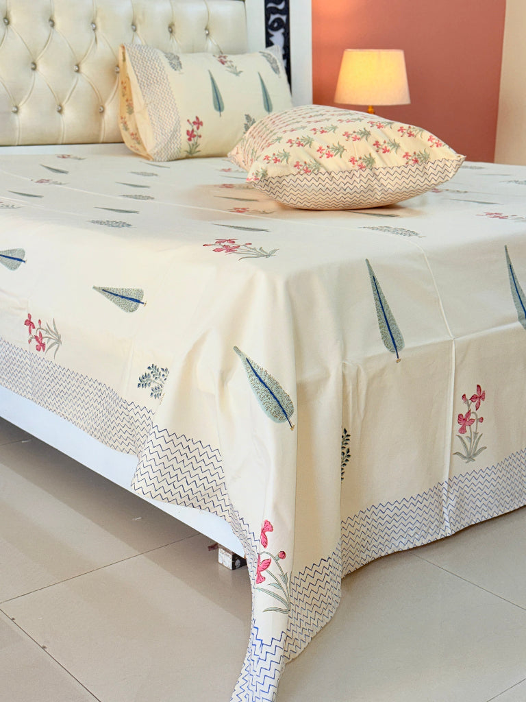 Beige Base Artistic Floral Print Hand Blocked Sheet